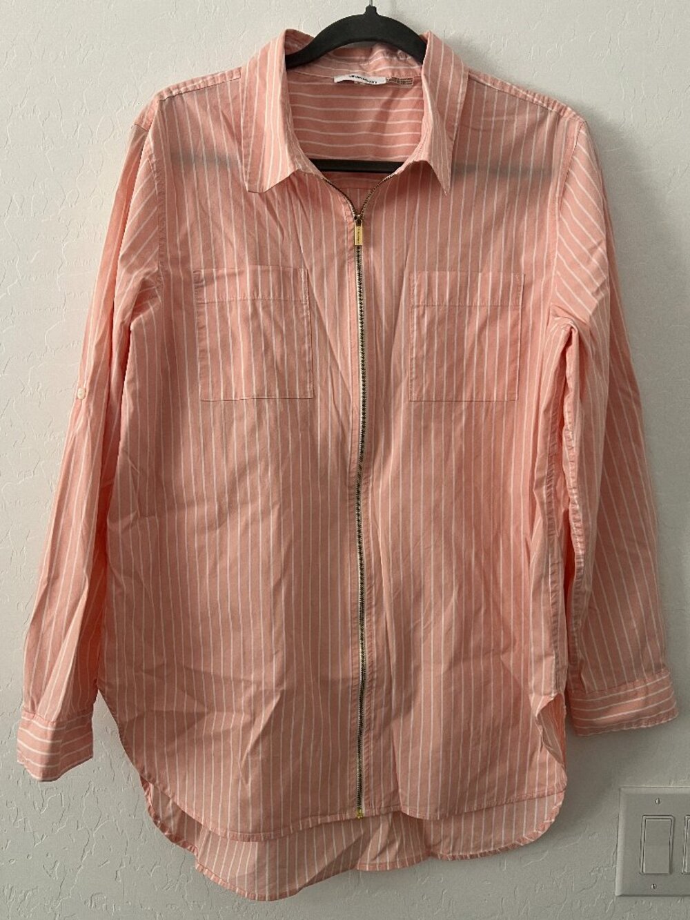 Calvin Klein Pink Striped Zip Up Blouse XL Roll Tab Sleeve Lightweight Top